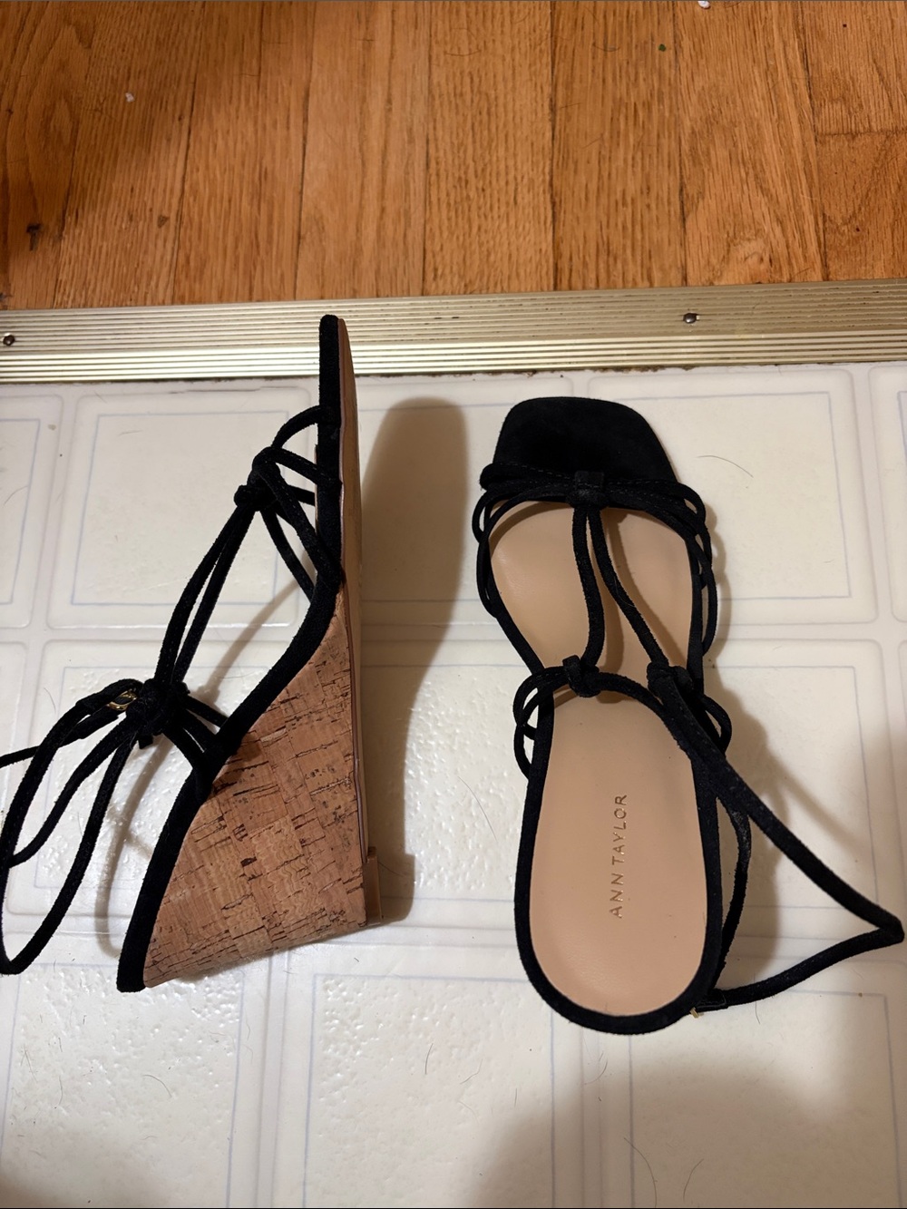 Ann Taylor Black Suede Cork Wedge Strappy Sandals worn once